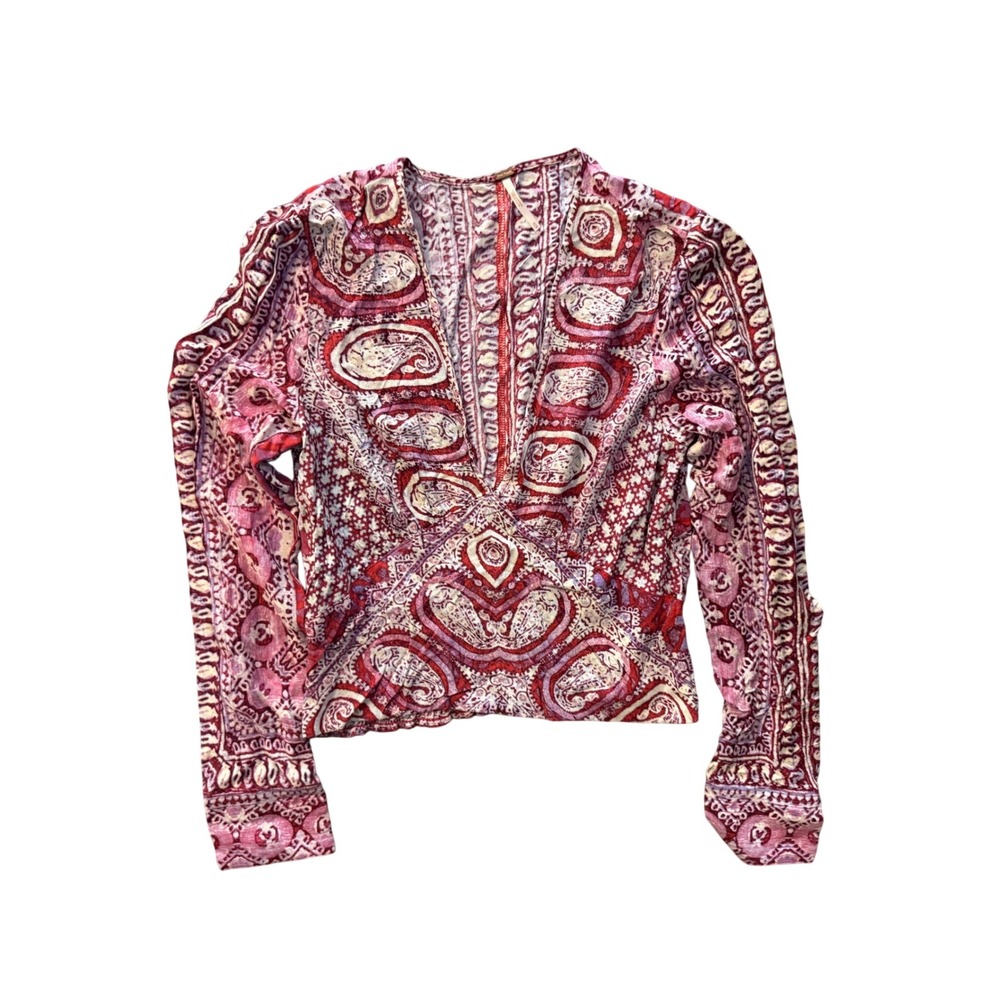 Free‎ People Womens Red Paisley Long Sleeve V-Neck Smocked Back Blouse Size Med